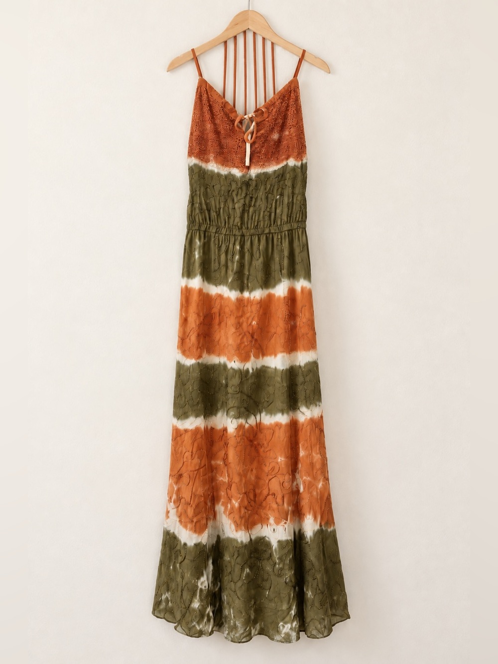 Raga Olive Brown Maxi Dress Embroidered Back Strappy Vacation Resort NWT S #1495